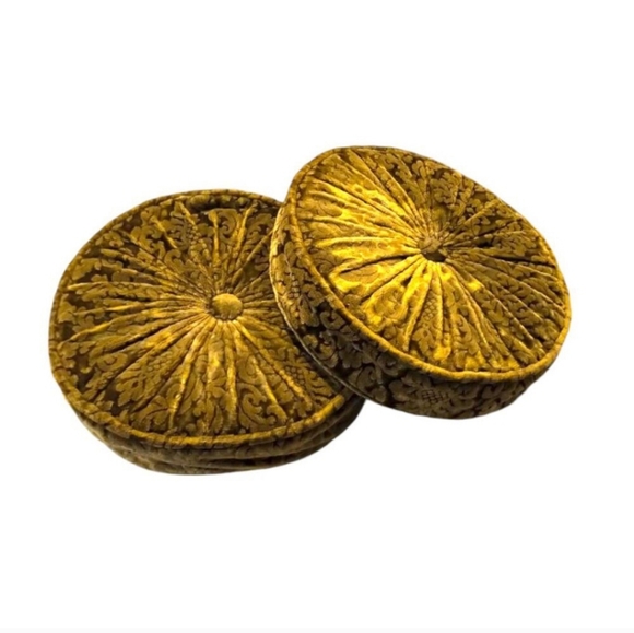 Set 2 Vintage 50s Smocked Velvet Round Pillows Olive Gold Pinwheel - Picture 4 of 14